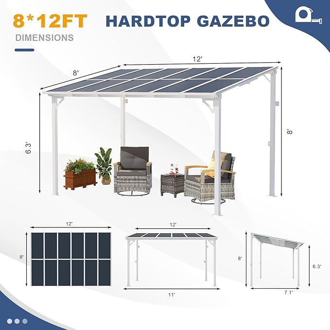 MEISSALIVVE 8' x 12' Wall Mounted Lean to Metal Awnings with Sloped Roof, Outdoor Patio Gazebo Awning for Backyard, Deck, White