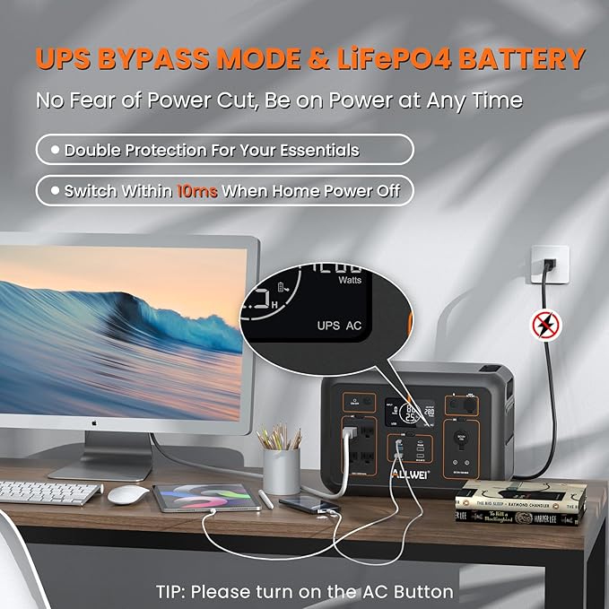 ALLWEI LiFePO4 Portable Power Station 1200W, 1008Wh LiFePO4 Battery, UPS Function, 1.5Hrs Fast Charge, 4 AC Outlets(Peak 2400W), Solar Generator for Outdoor Camping RVs CPAP Home Emergency