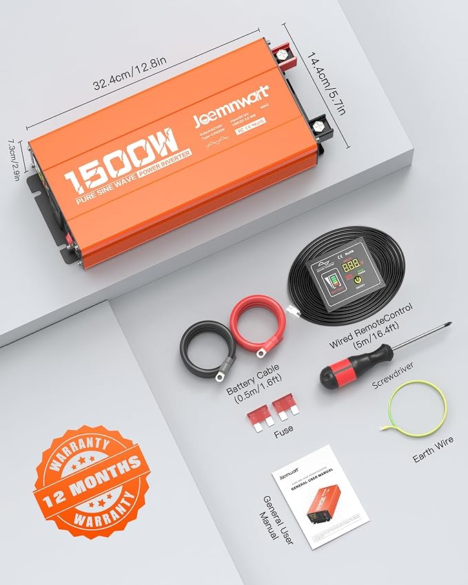 1500 Watt Pure Sine Wave Inverter 12V DC to 110V Converter with 2 AC Outlets, QC18W/PD30W USB Port for Home RV Truck, Car Power Inverter with LCD Display and Remote Control