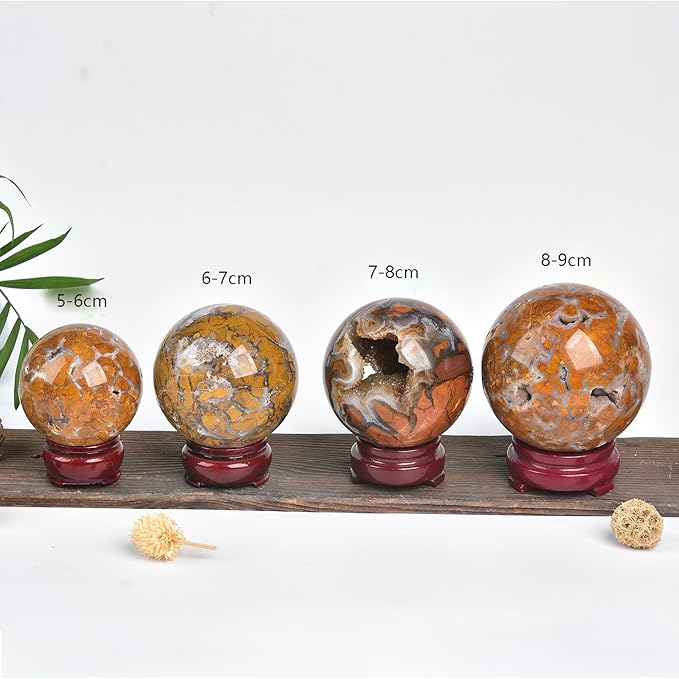 JIC Gem Yellow Agate Crystal Ball Sphere Geode Agate Ball Yellow Healing Crystal Gemstone Ball with Display Stand Home Decor Meditation Grid Energy Balance (70-80mm)