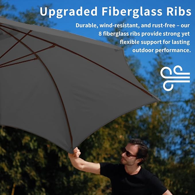 9FT Patio Umbrella with Fiberglass Ribs, Outdoor Market Table Umbrella with Crank and Tilt, UV Resistant Waterproof Canopy for Patio, Garden, Deck, Pool, Gray