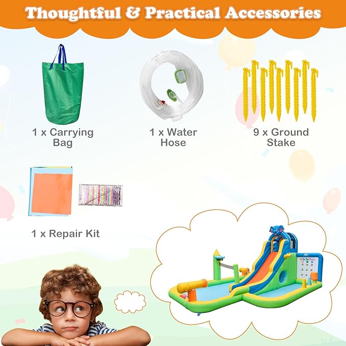 BOUNTECH Inflatable Water Slide, Elephant Surfing Slide Kids Water Park Jump Bouncy Castle w/2 Splash Pools, Hide & Seek Cave, Outdoor Water Slides Inflatables for Big Kids Backyard Party Gifts