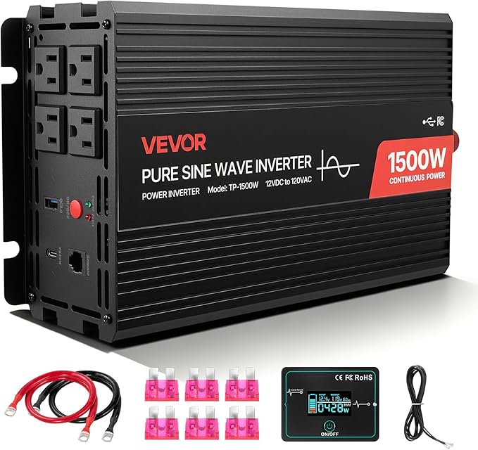 VEVOR 1500W Power Inverter, 12V DC to 120V AC Pure Sine Wave Inverter, Car Charger Converter with Remote Control, USB & Type-C Ports, 4 AC Outlets, Fast-Charging for RV, Truck Outdoor Camping