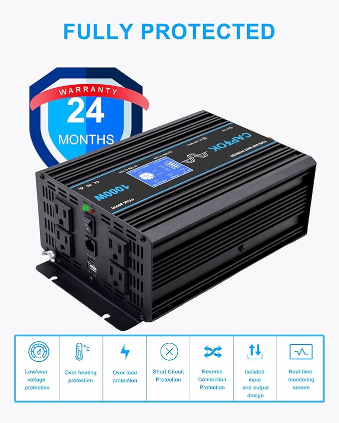 1000W Pure Sine Wave Inverter DC 12V AC 120V Double LCD Screen Remote Control Power Inverter 30W USB-C 4AC Outlets for RV, Home, Solar System CAPTOK