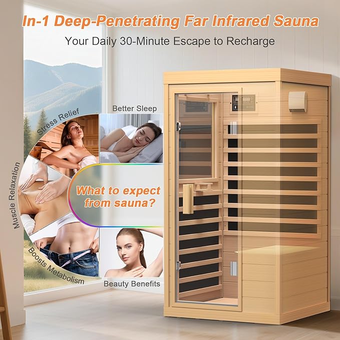 Far Infrared Sauna, Canadian Hemlock Wood Sauna Spa Room for Indoor,1062W 110V Low EMF Saunas with Control Panel and Integrated Speakers, Mini Home Sauna Room for One Person (Wood)