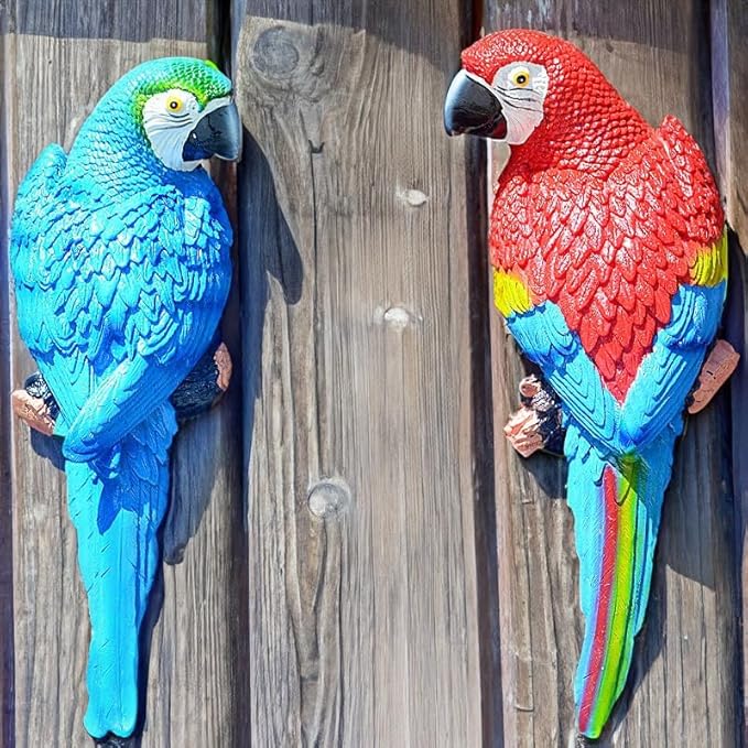 coolboy Bird Statue Decorations Outdoor,Garden Bird Figurine Real Parrot Figurine,Resin Bird,Bird Statue Gift,Wall Hanging Macaw Bird Tropical Decor Wall Sculpture, Polyresin, Full Color,2 Bird a Set