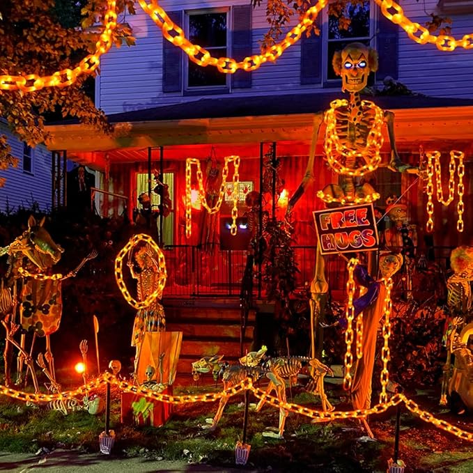 10Ft Halloween Chain String Light Decorations Outdoor Indoor, 160 LED Lights with 8 Modes Waterproof Lighted Prop Chains for Halloween Party Favors Yard Haunted House Spooky Decor(Orange)