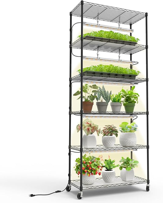 Bstrip Plant Shelf with Grow Light, Metal Plant Stand with Adjustable Rack and Wheels, 5 Pack 24W Full Spectrum Grow Light Strip for Indoor Plants, Seed Starting, Seed Tray, 29.5"x13.8"x71"