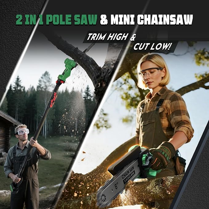 2-in-1 Electric Pole Saw for Tree Trimming, Cordless Pole Saw & 8'' Mini Chainsaw with Extension Pole, 2*21V 4.0 Ah Electric Handheld Chain Saw with Rechargeable Batteries for Wood Ranger,Senior,Women