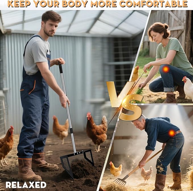 Chicken Poop Scooper and Rake 2-in-1, 10” Wide Metal Coop Scoop for Sand Sifting Shovel with 22" to 62” Adjustable Stainless Steel Handle, Cleaning Tools for Chicken Coops & Farm Animals Scoop