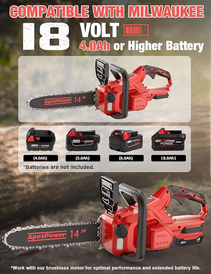 14 Inch Brushless Electric Chainsaw Cordless for Milwaukee M18 Battery, Power Chain Saws with Auto Oiler, Low Kickback, Battery Powered Chainsaw for Tree Trimming, Storm Clean-Up, Wood Cutting Pruning