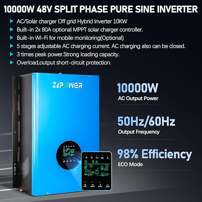 ZLPOWER 10000W 48V Off-Grid Inverter Charger, Peak Power 30000W for 20s, 240V AC Input, 120/240V Split Phase Output, Pure Sine Wave, UL1741 Certified, Built-in 2 MPPT Low Frequency for Solar System
