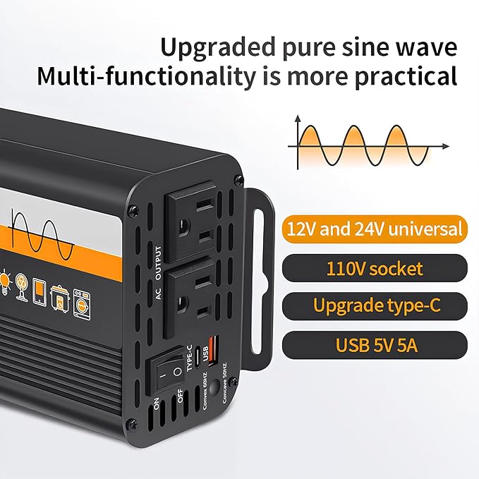 1000W Pure Sine Wave Inverter (2000W Peak), 12V/24V Auto-Detect, 50Hz/60Hz Switchable, LCD Display, Type-C Fast Charging, Silent Design, Overload & Overheat Protection for RV, Home (Black-1000W)