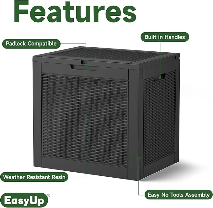 EasyUp 32 Gallon Resin Deck Box Waterproof, UV Resistant Outdoor Storage Box for Delivery, Garden, Patio,and Porch, Rattan Black