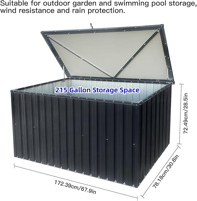 215-Gallon Outdoor Metal Storage Box, Weatherproof Deck Box with Wooden Texture, Multi-Purpose Garden Storage for Tools, Pool Accessories & Sports Gear, Patio Organizer with Tabletop Function