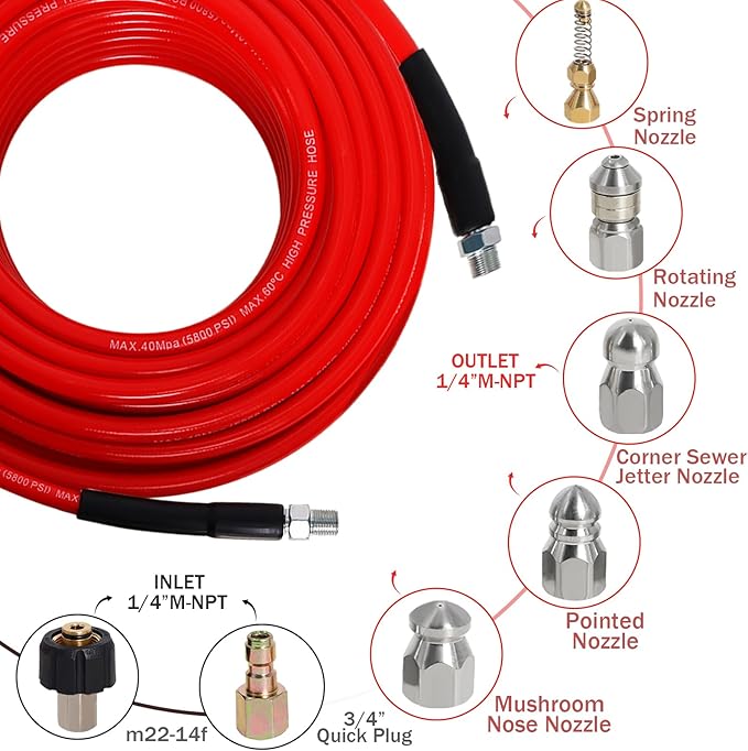 Sewer Jetter Kit for Pressure Washer 100FT, 5800PSI Drain Cleaner Hose 1/4 Inch NPT Corner with 5 Sewer Jetting Nozzles，Waterproof Tape，Pearl Corsage Pin & 2 Spanners (Red)