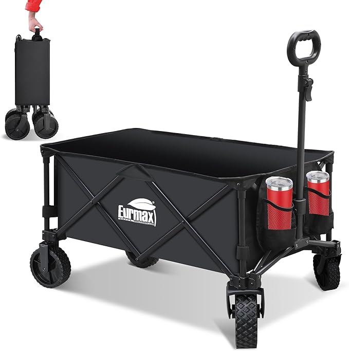 Eurmax USA Collapsible Outdoor Folding Wagon Cart All-Terrain Utility Wagon Heavy Duty Camping Patio Shopping Garden Sporting Wagon Cart with Side Bag & Cup Holder