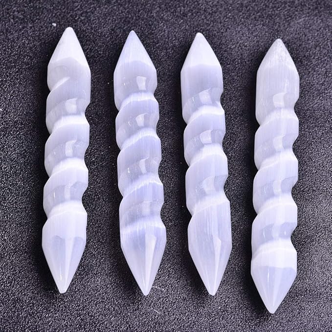 JIC Gem 4pc Selenite Spiral Wand Double Point Moroccan Selenite Crystals and Healing Stones 6-6.5 inch