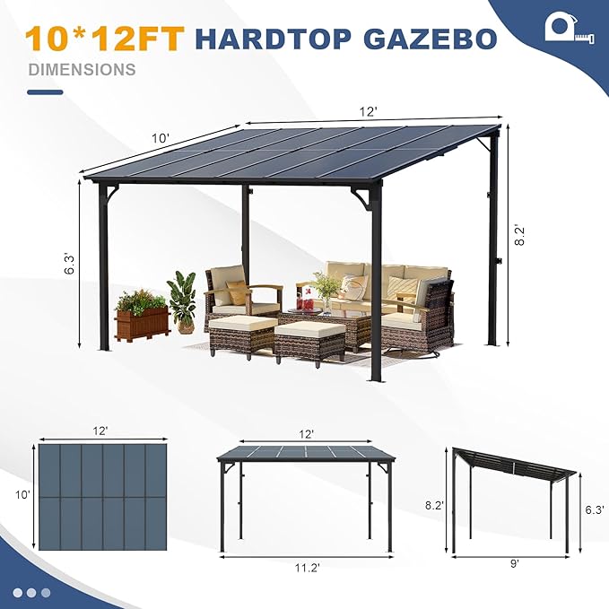 MEISSALIVVE 10' x 12' Wall Mounted Lean to Metal Awnings with Sloped Roof, Outdoor Patio Gazebo Awning for Backyard, Deck, Black