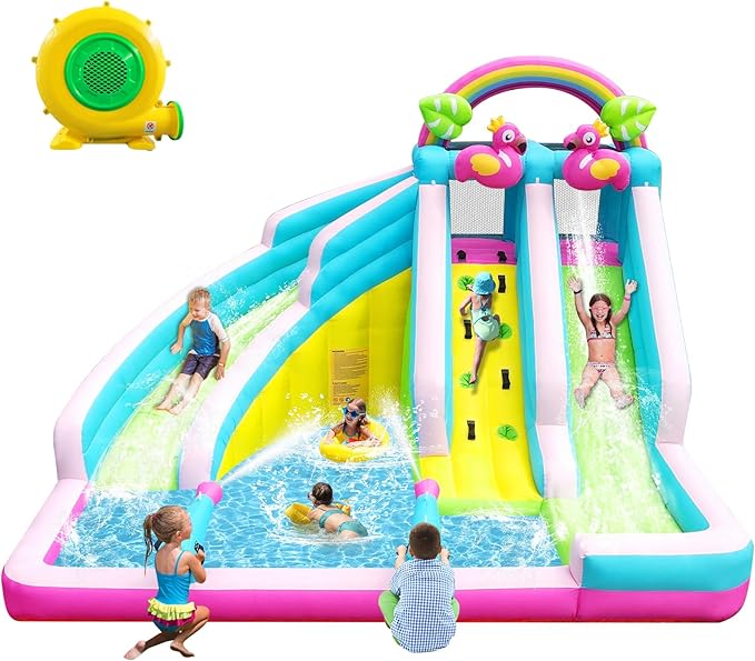 Inflatable Water Slide, 6 in 1 Blow Up Water Park Aged 3-10, Flamingo Style Water Bounce House with Double Long Slides, Splash Pool, 580W Blower Waterslide for Kids and Adults Backyard