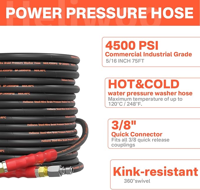 5/16" Pressure Washer Hose 75 FT×3/8 Inch 4500psi for Cold and Hot Water Max 140°F With 3/8 Inch Quick Connect Kink Resistant High Tensile Wire Braided