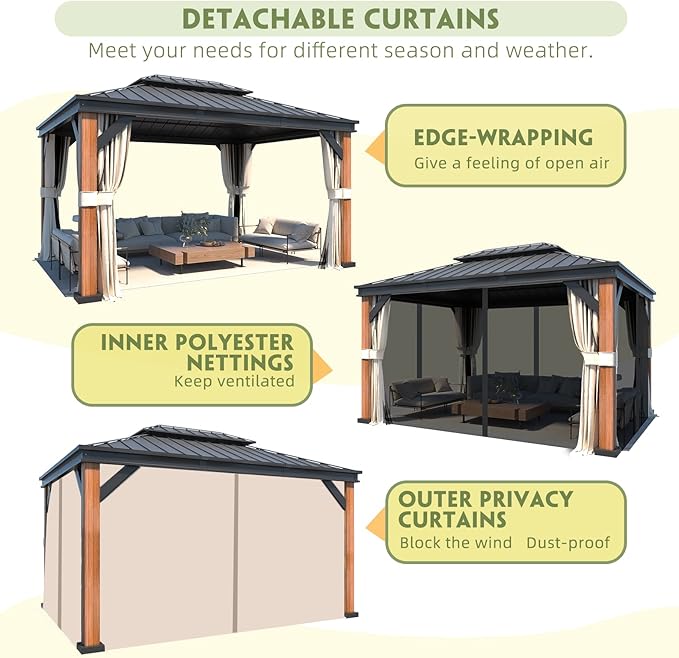 EROMMY 12' x 16' Hardtop Gazebo, Wooden Grain Aluminum Frame Thicker Column with Galvanized Steel Roof, Outdoor Permanent Pavilion with Curtains and Nettings for Patio, Backyard, Deck and Lawns