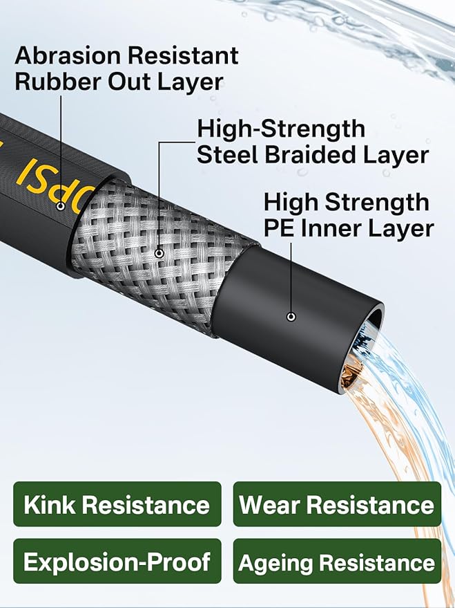 4200PSI Pressure Washer Hose 50FT with 3/8" Swivel Quick Connect for Cold/Hot Water, Kink Resistant Steel Wire Braided, Wear Resistant Power Washer Hose with 2 M22 14mm Adapter Set