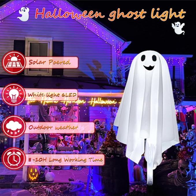 Halloween Ghost Pathway Lights with Stakes, 6PCS Solar Light Ghost Decorations, Waterproof Outdoor Lights for Yard, Lawn, Driveway, Halloween Decor (White)