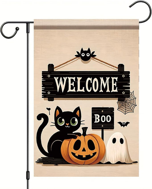 Halloween Black Cat Welcome Garden Flag 12x18 Inch Double Sided for Outside Cute Cat Pumpkin Ghost Yard Flag for Outdoor Holiday Home Decor
