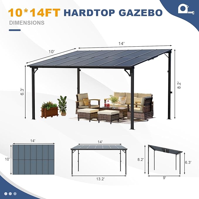 MEISSALIVVE 10' x 14' Pergola with Sloped Roof, Lean to Metal Awning for Outdoor Patio, Deck, Black