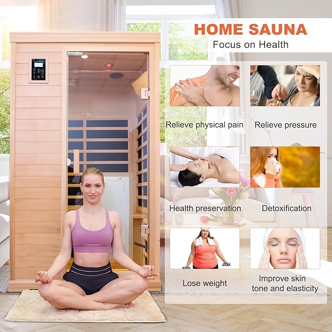 2 Person Infrared Saunas for Home, 2 Person Sauna Hemlock Wood Low EMF FAR Dry Sauna Indoor Saunas for The Home, with Colored Lights 1750W, Room:76.37 * 38.58 * 43.7Inch