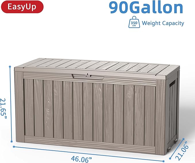 EasyUp 90 Gallon Outdoor Storage Box, Resin Waterproof UV-Resistant Deck Box, Reinforced Stability for Patio, Garden, and Poolside, Striped Gray