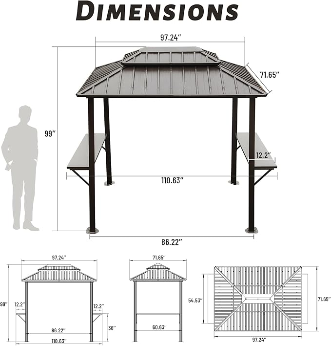 Domi 8'x6' Grill Gazebo Hardtop Aluminum BBQ Gazebo with Bar Shelves and Ceiling Hooks, Double Metal Roof Outdoor Gazebos for Patio Lawn Garden Deck (Dark Brown)