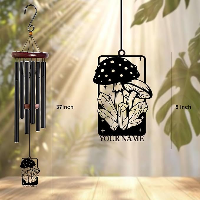 Personalized Customize Name Fantasy Mushroom Wonderland Wind Chime, Metal Iron 37 Inch Outdoor Memorial Gift for Garden Yard Patio Home Decor, Black (Style J)