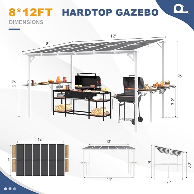 MEISSALIVVE 8' x 12' Wall Mounted Gazebo, Outdoor BBQ Grill Gazebo with Side Shelf, Lean to Metal Awnings with Sloped Roof, Heavy Duty Pergola for Backyard, Deck, White