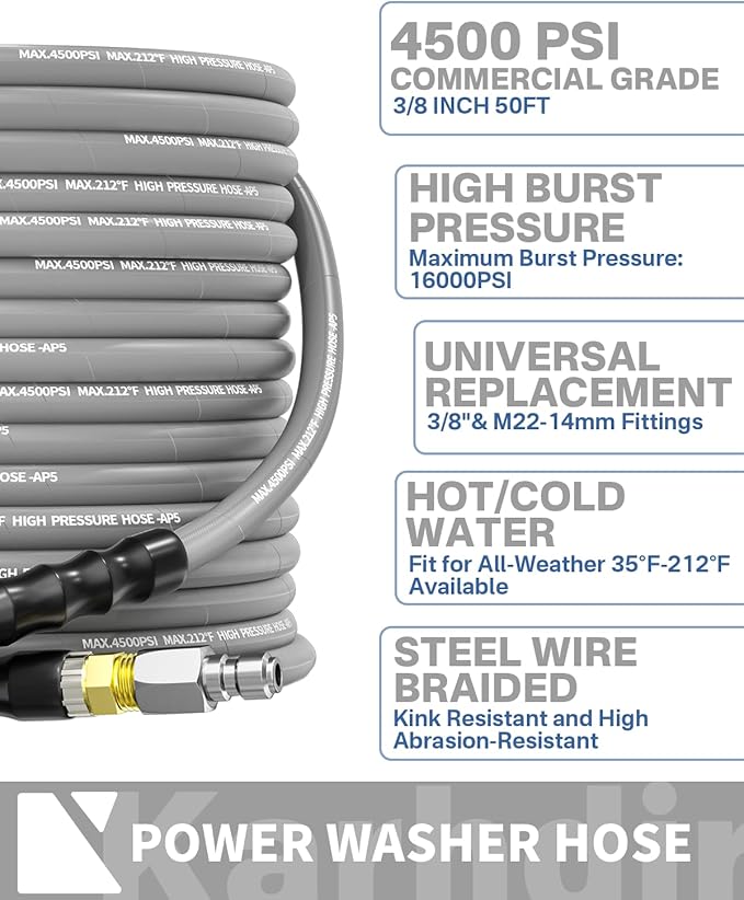 Pressure Washer Hose 50FT 3/8" for Cold and Hot Water 212°F, with Swivel Quick Connect, 4500PSI Kink Resistant Grade Steel Wire Braided, Power Washer Hose With 2pcs M22-14mm Adapter