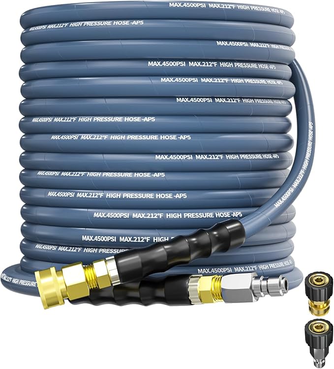 Pressure Washer Hose 50FT 3/8" for Cold and Hot Water 212°F, with Swivel Quick Connect, 4500PSI Kink Resistant Grade Steel Wire Braided, Power Washer Hose With 2pcs M22-14mm Adapter