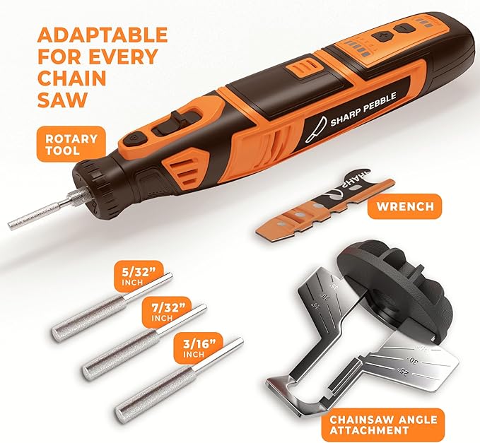 Sharp Pebble Electric Cordless Chainsaw Sharpener Kit - Comes with Chain Saw Sharpener Tool, 4 File Size Sharpening Wheels, Angle Attachment, Wrench & eBook