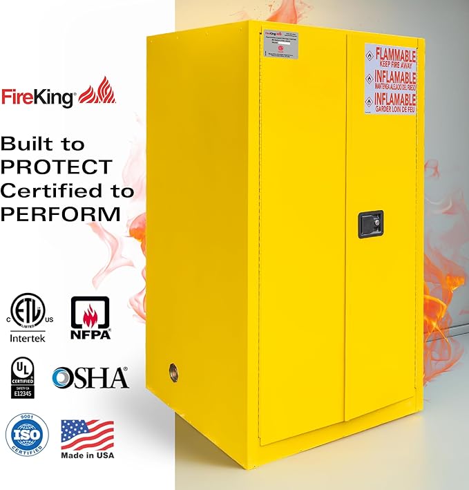 FireKing Yellow Flammable Safety Cabinet, Flammable Liquids Storage Cabinet, 60 Gallon Steel Safety Cabinets with Manual Door for Commercial, Industrial & Home Use, 34" x 34" x 65"