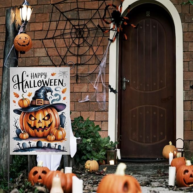 HTBIG Halloween Pumpkin Garden Flags, Happy Halloween Party House Garden Flag Decor, Yard Flags for Outside 12x18 inch, Outside Yard for Home Decorations
