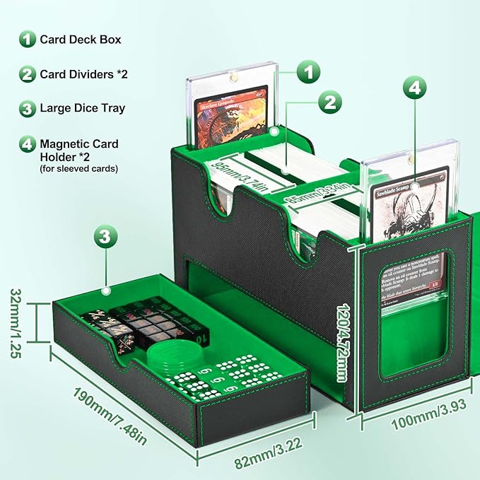 Card Deck Box for MTG, Double Card Storage Box with 2 Commander Display & 1 Dice Tray, Fits 200+ Double Sleeved Cards, Organizer for CCG TCG Sports Cards (Black Green)
