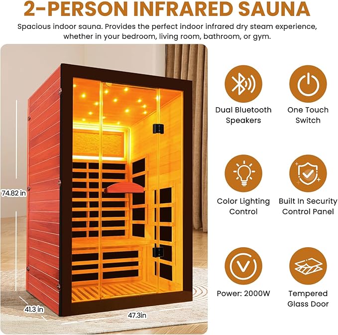 Far Infrared Sauna for Home 2 Person Sauna for Home Okoume Wood Red Sauna with Low EMF Infrared Sauna 2000W Dry Sauna 2 Person with 7 Colorful Light, Speaker and Tempered Glass Door