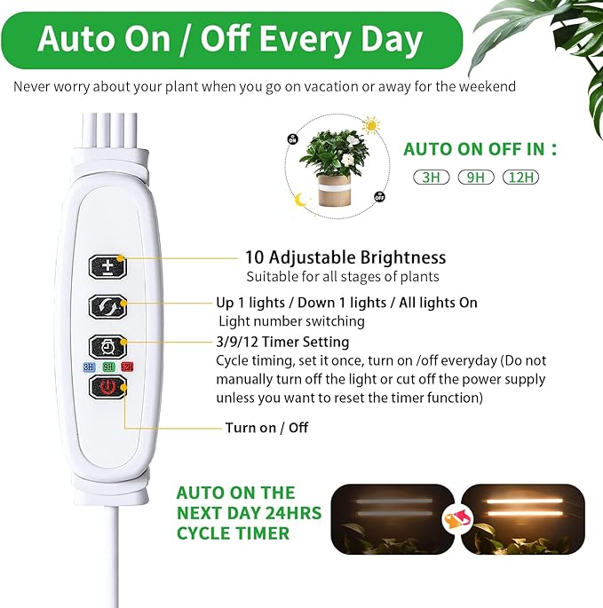 Two Strip Growing Lamp 2-Pack for Indoor Plants, 3500K Full Spectrum LED Grow Light Strips with Auto ON/Off 3/9/12H Timer & 10 Dimmable Levels for Green House Succulent (2 Head×2 Pack)