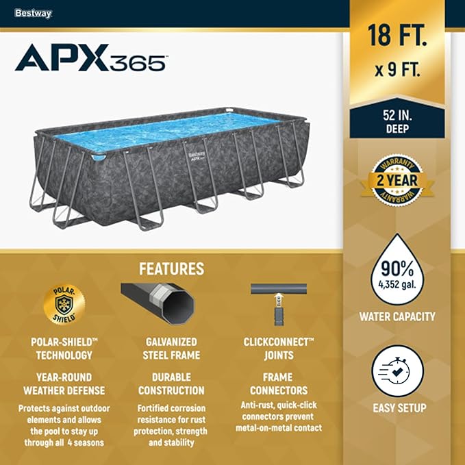 Bestway APX 365 18' x 9' x 52" Rectangular Above Ground Swimming Pool Outdoor Backyard Framed Pool Set with Sand Filter Pump, Ladder, and Cover, Gray