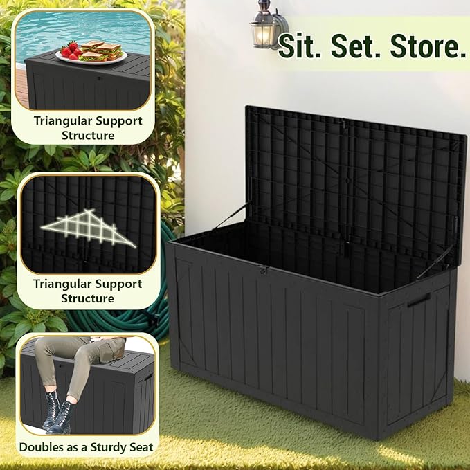 100 Gallon Resin Deck Box, Waterproof Outdoor Storage Bin for Patio Furniture, Pool Accessories, and Garden Tools, Lockable & UV-Resistant, Black
