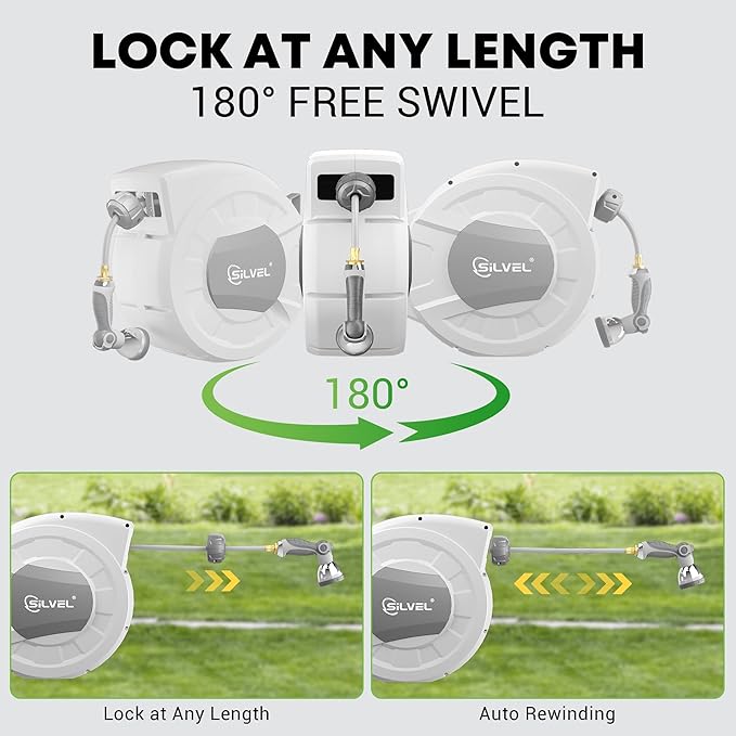 SILVEL Retractable Garden Hose Reel,1/2 in x 75ft Wall Mount Heavy Duty Automatic Hose Reel with 10 Pattern Nozzle, Any Length Lock & Slow Return System, 180°Swivel Bracket Upgraded UV Resistant