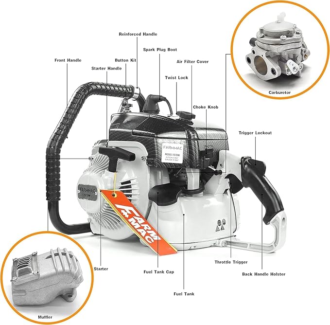 FARMMAC F070W Gas Chainsaw with 36 Inch Alloy Solid Bar, 105cc 2-Cycle Gasoline Power Chain Saws, 4.8KW 6.5HP Power Chain Saw for Milling Work, All Parts Compatible with MS070 090