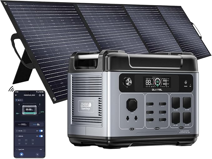 OUKITEL P2001 PLUS 2400W Portable Power Station with 4 AC Outlets(5000W Peak), 2048Wh Large Capacity Solar Generator with 200W Solar Panel, AC/DC BMS Emergency Power Station for Home Backup, Camping