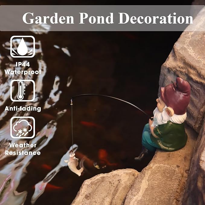 Garden Gnome Fishing Statue, 9.7" Koi Pond Decor with Glow in Dark Pebbles, Great Gift for Mom