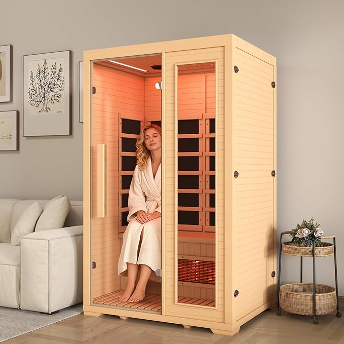 2 Person Infrared Sauna, Full Spectrum Sauna for Home, Indoor Dry Saunas with 5 Carbon Panels and 1 Carbon Tube, Oxygen Bar and 7 Color Light Strips, Canadian Hemlock,110V